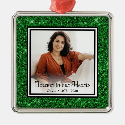 永遠に私たちのハートメモリアルグリーングリッター メタルオーナメント (正面)