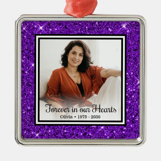 永遠に私たちのハートメモリアルパープルグリッター メタルオーナメント (正面)