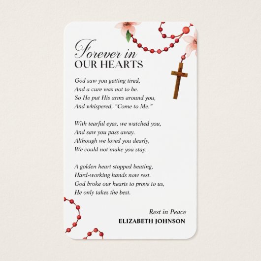 永遠に私たちのハートメモリアル葬儀の祈りカード (裏面)