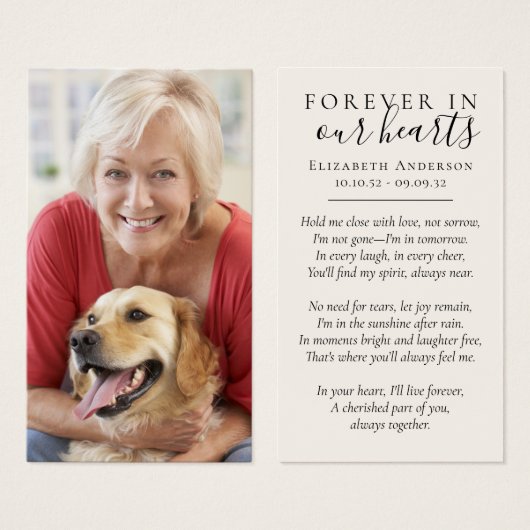 永遠に私たちのハート写真葬儀祈りの言葉カード (正面&裏面)