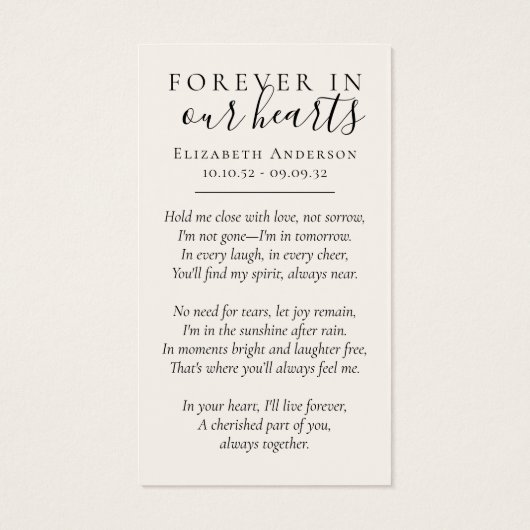 永遠に私たちのハート写真葬儀祈りの言葉カード (裏面)