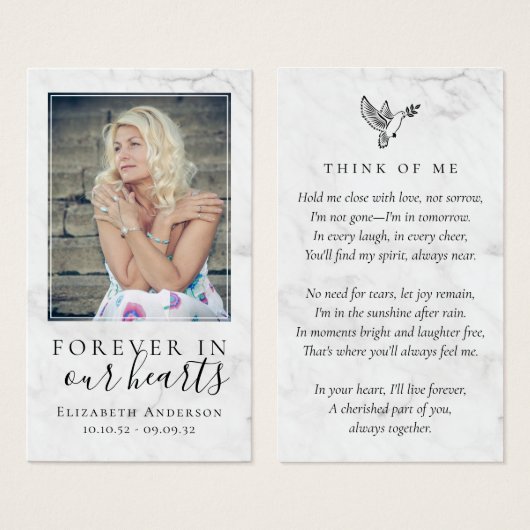 永遠に私たちのハート写真葬儀祈りの言葉カード (正面&裏面)