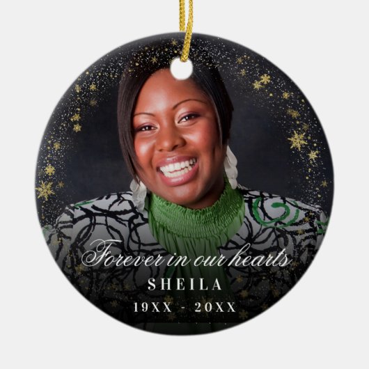 永遠に私たちのハート写真金ゴールド雪 セラミックオーナメント (正面)