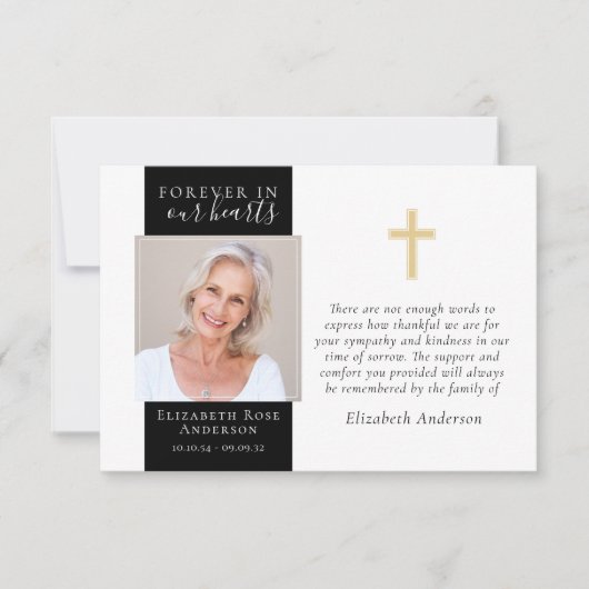 永遠に私たちのハート金ゴールドクロスフォト悔やみや弔慰 サンキューカード (正面)