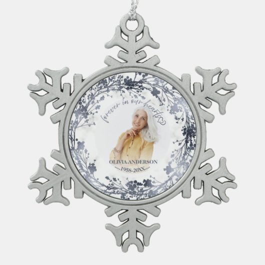永遠に私たちのハート銀箔フォトメモリアル スノーフレークピューターオーナメント (正面)