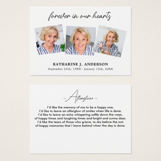 永遠に私たちのハート3写真葬儀祈りの言葉カード (正面&裏面)