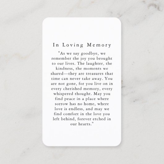 「永遠に私たちのハート」葬儀写真祈りの言葉 名刺 (裏面)