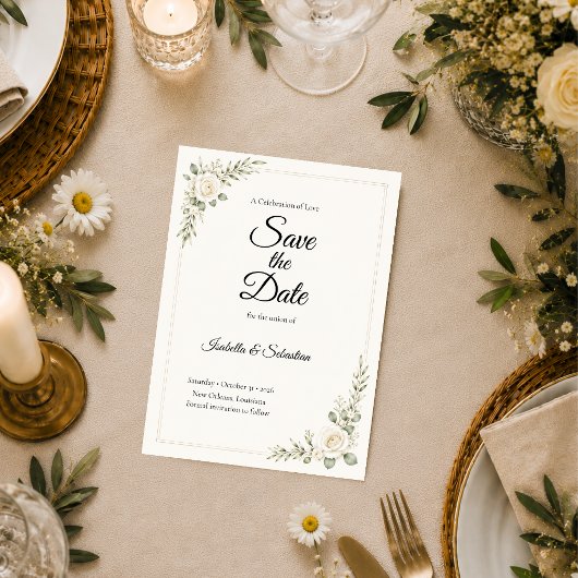 永遠のアイボリーのバラのミニマリズムの結婚式 セーブザデート
