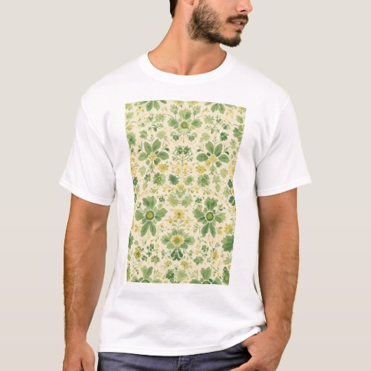 永遠のグリーンとイエローのフラワーパターン Tシャツ (正面)