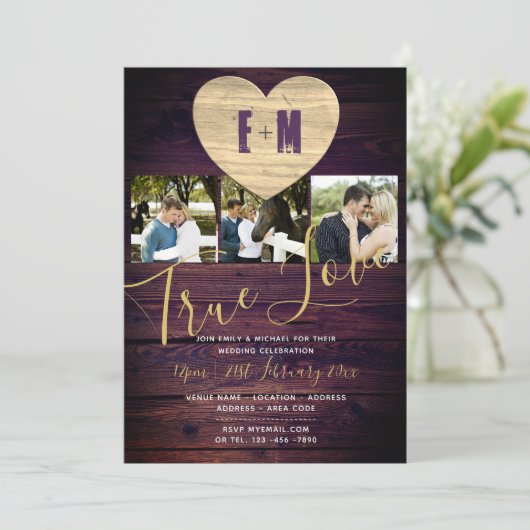 永遠のハート素朴写真コラージュの結婚式の招待 招待状 (スタンド正面)