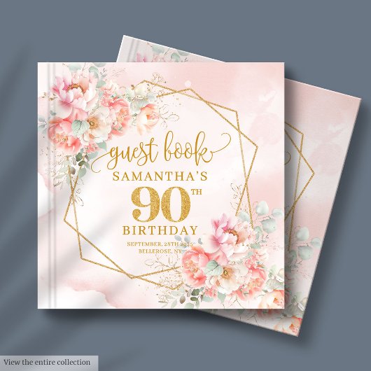 永遠のパウダーピンクゴールドフラワー90歳の誕生日 ゲストブック