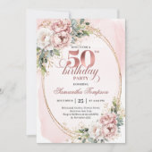 永遠のブロッサム・ピンクの花 薔薇金 50歳の誕生日 招待状 (正面)
