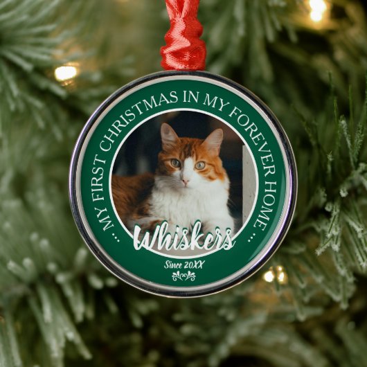 永遠のホーム 初めてのクリスマス 猫の写真と名前 メタルオーナメント (ツリー)