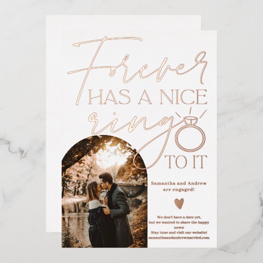 永遠のリング フォト アーチ 婚約 白 箔招待状 (正面/裏面)