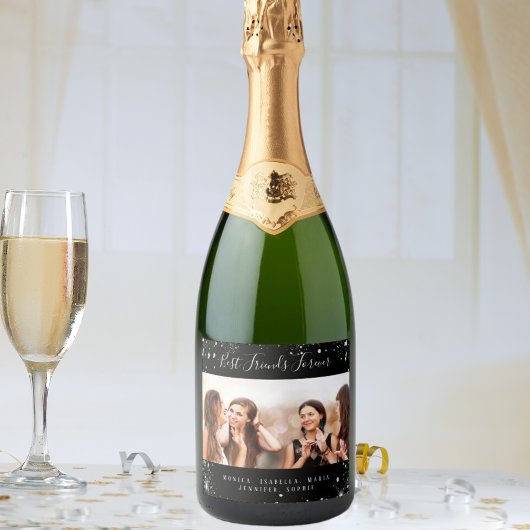 永遠の友達 フォト ブラック シルバー グリッター スパークリングワインラベル