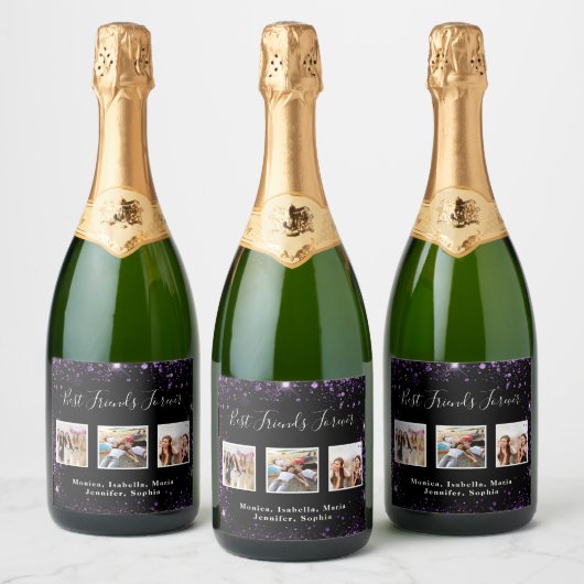 永遠の友達 フォト ブラック パープル グリッター スパークリングワインラベル (ボトル)