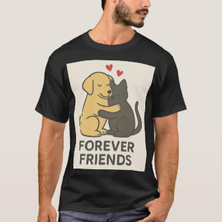 永遠の友達 猫と犬のハグ Tシャツ | かわいいペット