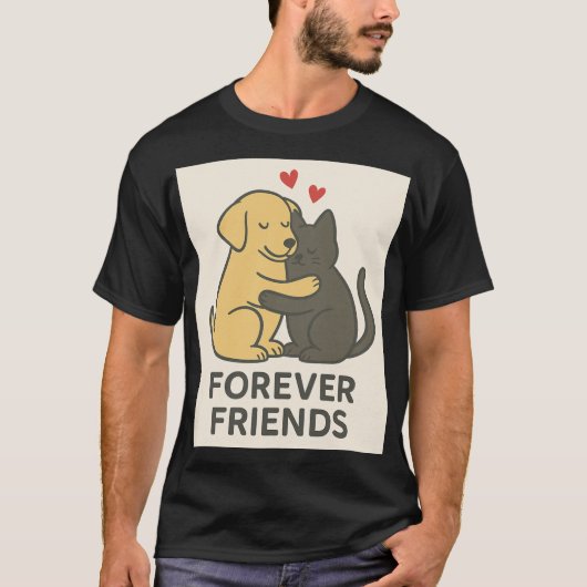 永遠の友達 猫と犬のハグ Tシャツ | かわいいペット (正面)