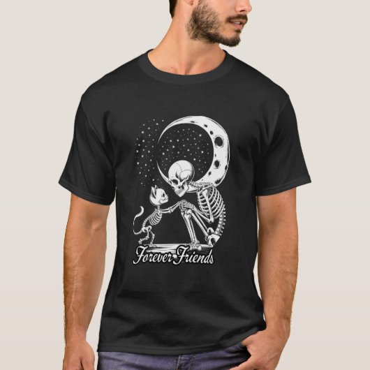 永遠の友 スケルトン 猫 ゴシック 月 ハロウィン Tシャツ (正面)