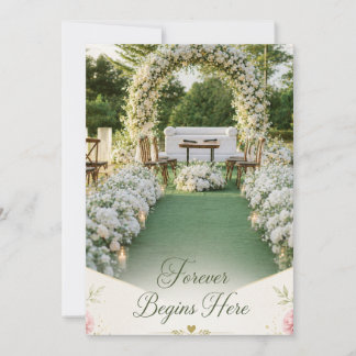永遠の始まりはここから。エレガントな白い花嫁衣裳の結婚式 サンキューカード