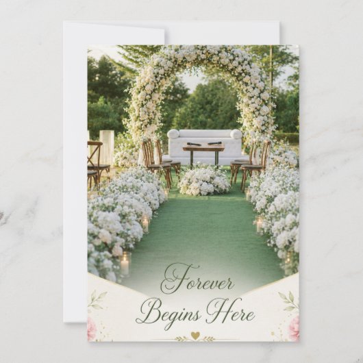 永遠の始まりはここから。エレガントな白い花嫁衣裳の結婚式 サンキューカード (正面)