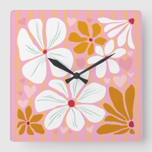 永遠の愛の贈り物時計ロマンスピンクハート スクエア壁時計 (正面)