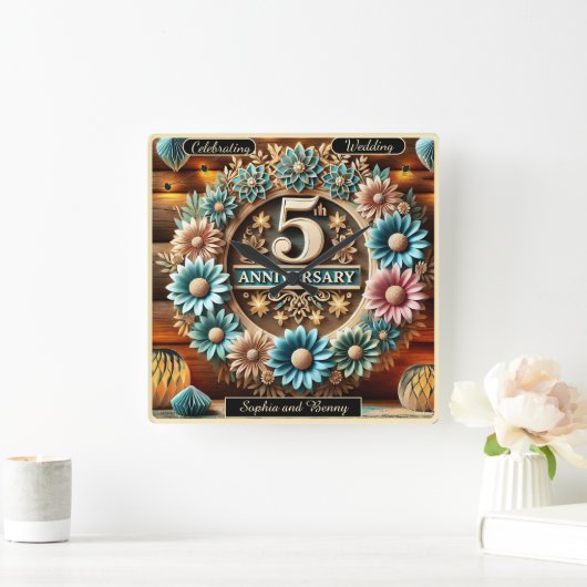 永遠の愛：5周年記念フローラ スクエア壁時計 (ホーム)