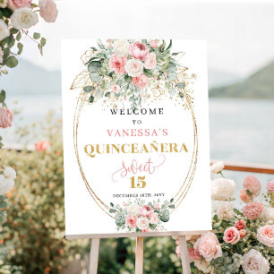 永遠の愛 Blush Floral Gold quinceañera ウェルカム ポスター