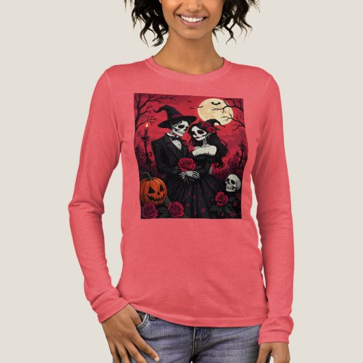永遠の抱擁をする骸骨のカップル トライブレンドTシャツ (正面)