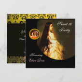 永遠の美しさ、スウィート16 イエロー、ブラック＆ホワイト ダマスク 招待状 (正面/裏面)