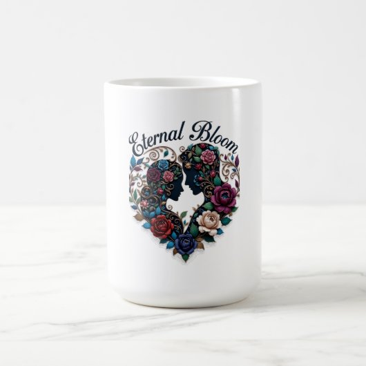 永遠の花咲く愛の抱擁Tシャツ | 華麗なカップルデザイン コーヒーマグカップ (中央)