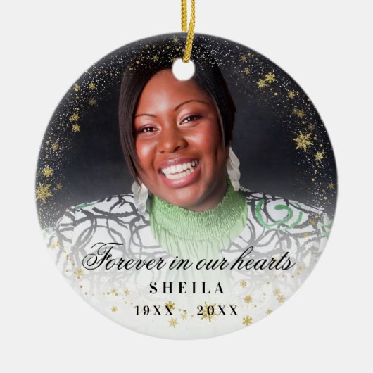 永遠の記念写真金ゴールド雪 セラミックオーナメント (正面)