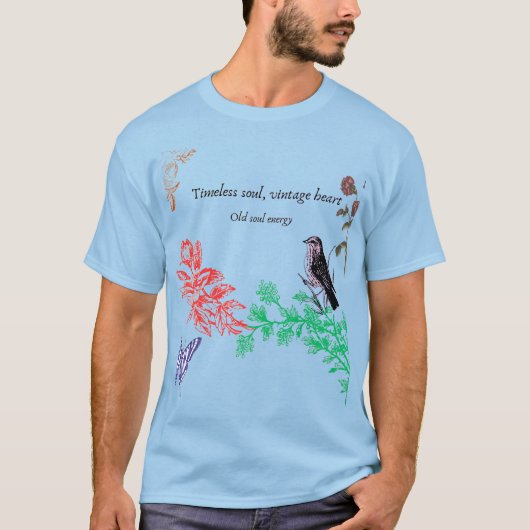 永遠の魂のヴィンテージ ハート - 美しい花柄と鳥と蝶 Tシャツ (正面)