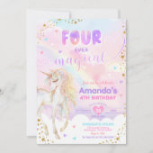永遠の魔法の虹色ユニコーン ゴールド バースデー 招待状 (正面)
