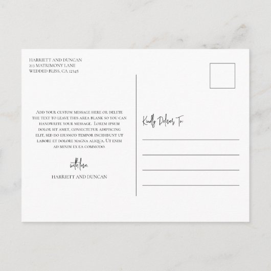 永遠の黒と白のエレガントな結婚式ありがとう ポストカード (裏面)