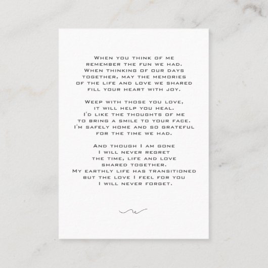 永遠エレガントに私たちのハート葬儀祈りの言葉カード 名刺 (裏面)