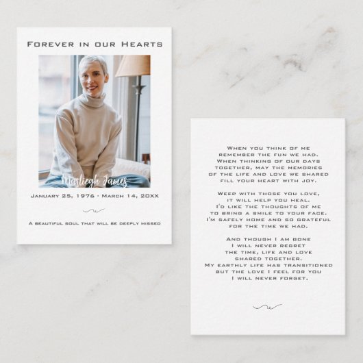 永遠エレガントに私たちのハート葬儀祈りの言葉カード 名刺 (正面/裏面)