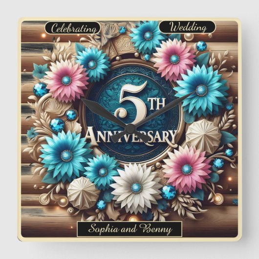 永遠開花素朴5周年記念デザイン スクエア壁時計 (正面)