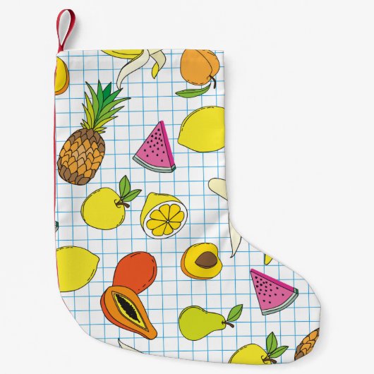 汁気の多い果物の背景。継ぎ目のない果物のパッテ スモールクリスマスストッキング (正面)