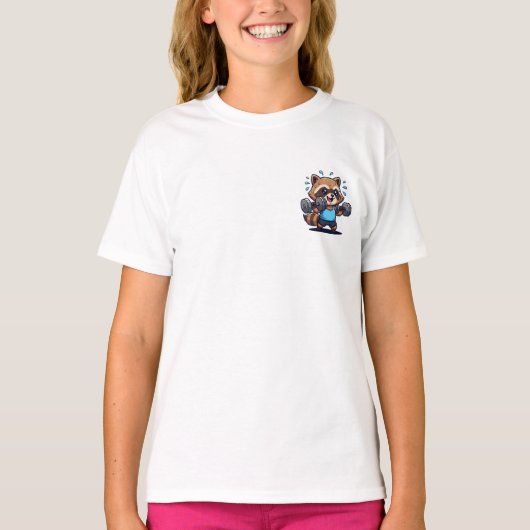 汗をかくジムのラクーン　ウェイトリフティングの子供たち Tシャツ (正面)