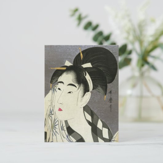 汗を拭く女性の歌麿素晴らし芸術日本の ポストカード (スタンド正面)