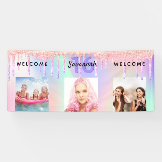 汗16ピンクパープルグリッタードリップフォトようこそ 横断幕 (横)