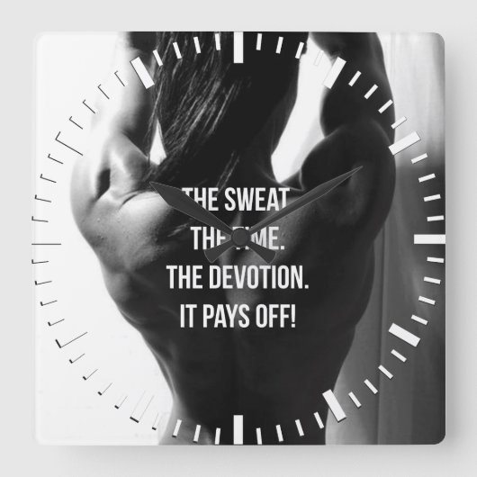 汗、時間、献身女性のトレーニング やる気を起こさせる スクエア壁時計 (正面)