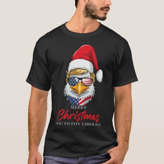 汚いリベラルを祝うクリスマス イーグル トランプ サンタ Tシャツ (正面)