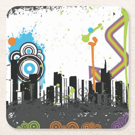 汚い都市景観のイラストレーション スクエアペーパーコースター (正面)