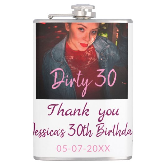 汚い30誕生日名前を追加ピンク追加フォト日付 フラスク (正面)