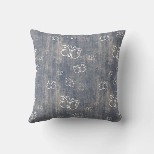 汚く青く、クリーム色の蝶パターン枕 クッション (裏面)