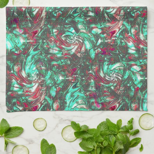 汚れたアクアマリンと赤、鈍い黒で汚れた キッチンタオル (折り畳み)