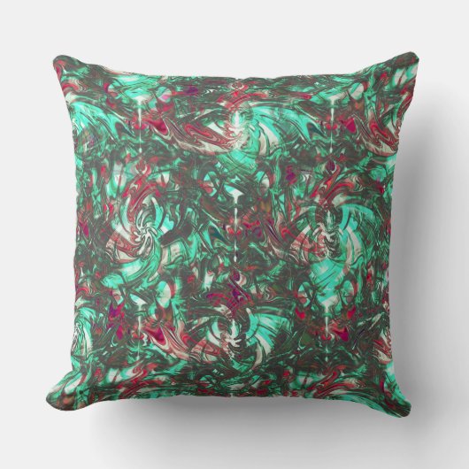 汚れたアクアマリンと赤、鈍い黒で汚れた クッション (正面)