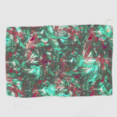 汚れたアクアマリンと赤、鈍い黒で汚れた ゴルフタオル (横)